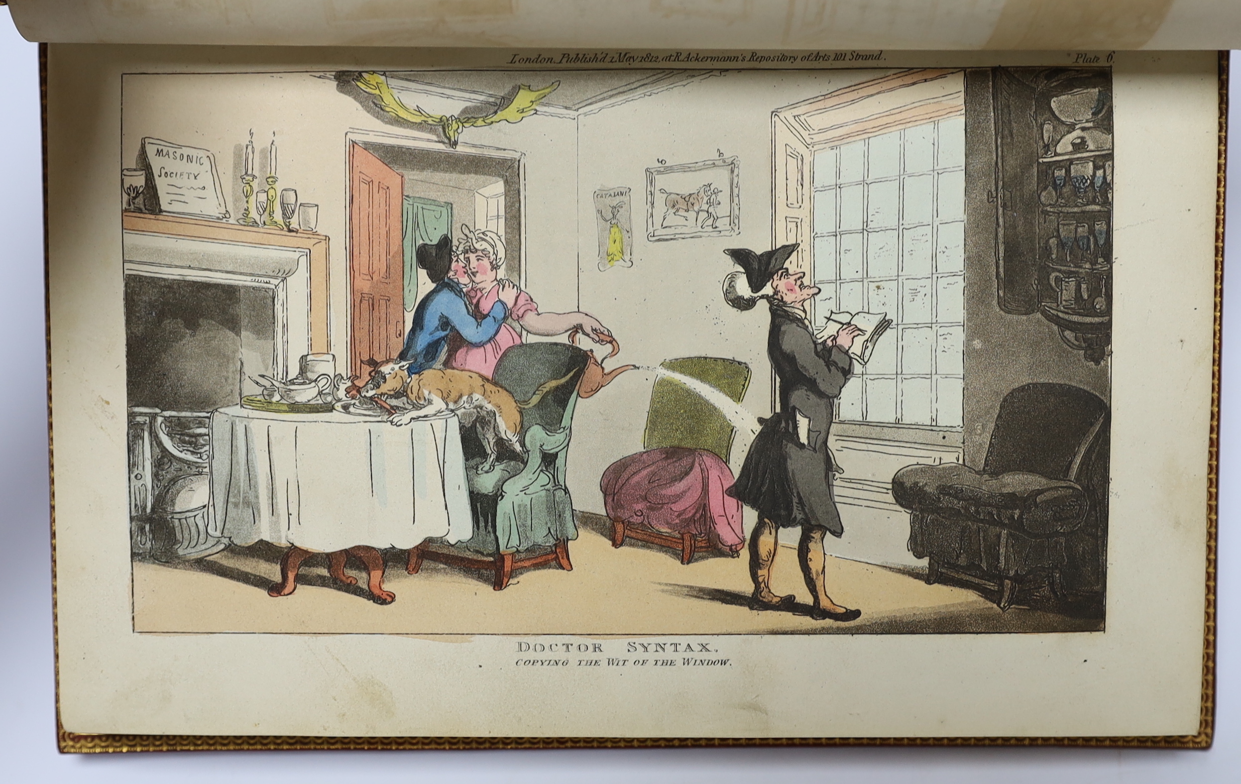 Combe, William - The Tour of Doctor Syntax in Search of the Picturesque. A Poem. 1st edition, 8vo, in later fine red crushed morocco gilt binding by H. Sotheran & Co., London, illustrated by Thomas Rowlandson, with front